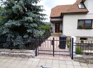 Tor "geschmiedet" und Feld, Zink, Farbe und Patina