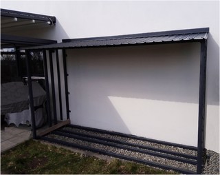 Přístřešek na dřevo, konstrukce pozinkovaná a barva, trapézový plech